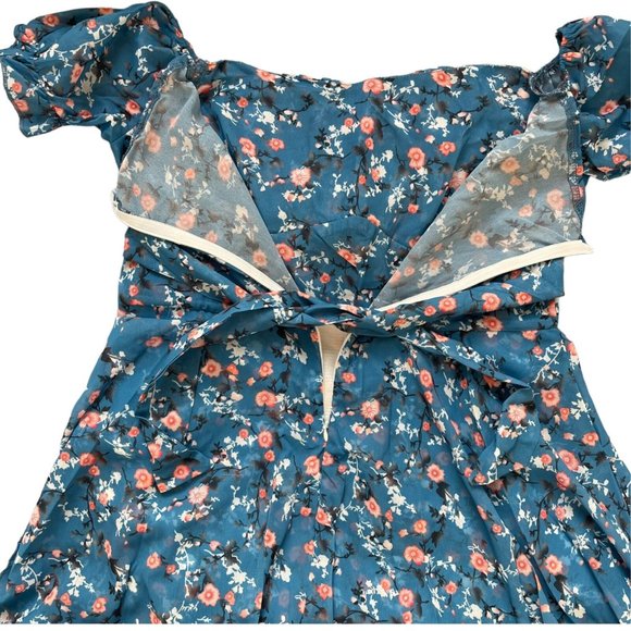 Women Boho Playsuit Romper Medium Blue Orange Floral Off The Shoulder Lined - Picture 14 of 16